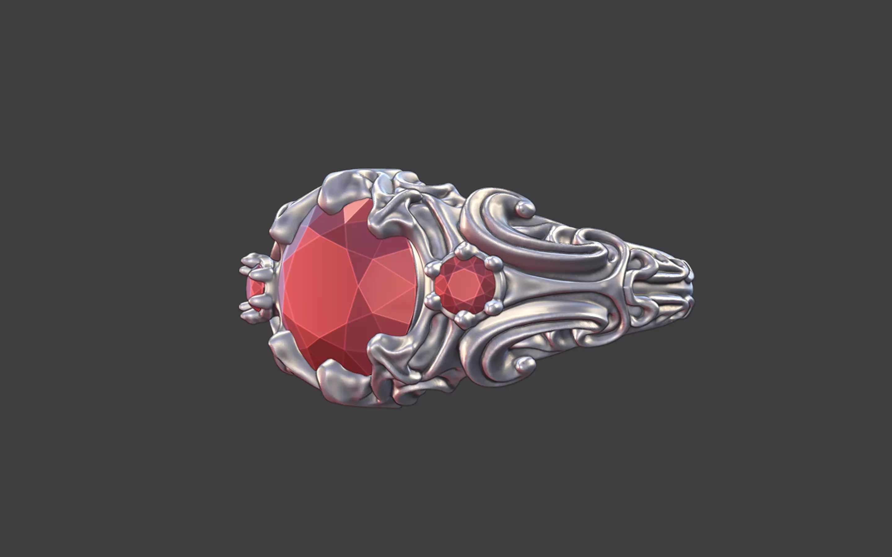 goth ornamental round gemstone ring silver engraved scrollwork 3D print model_6