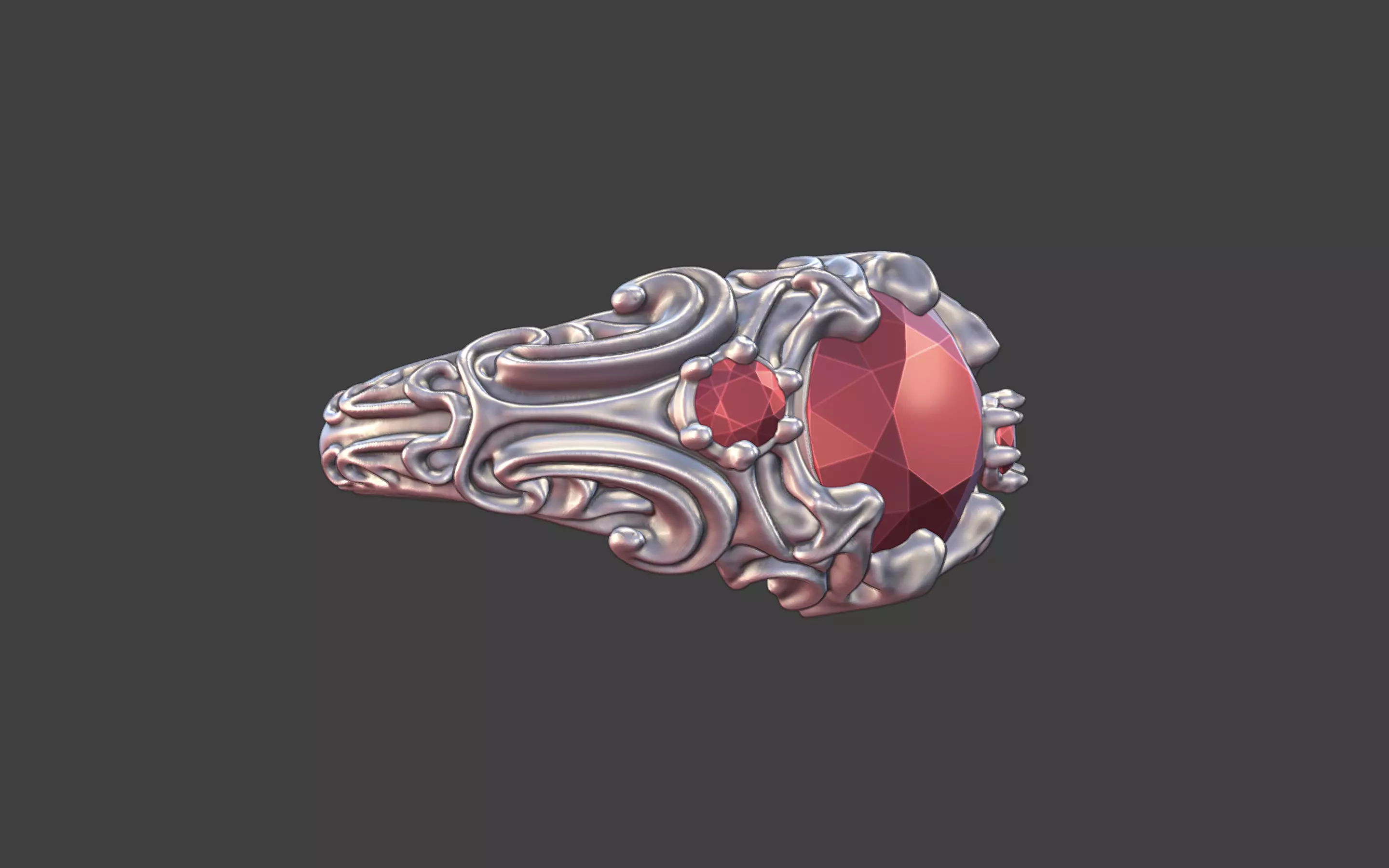 goth ornamental round gemstone ring silver engraved scrollwork 3D print model_10