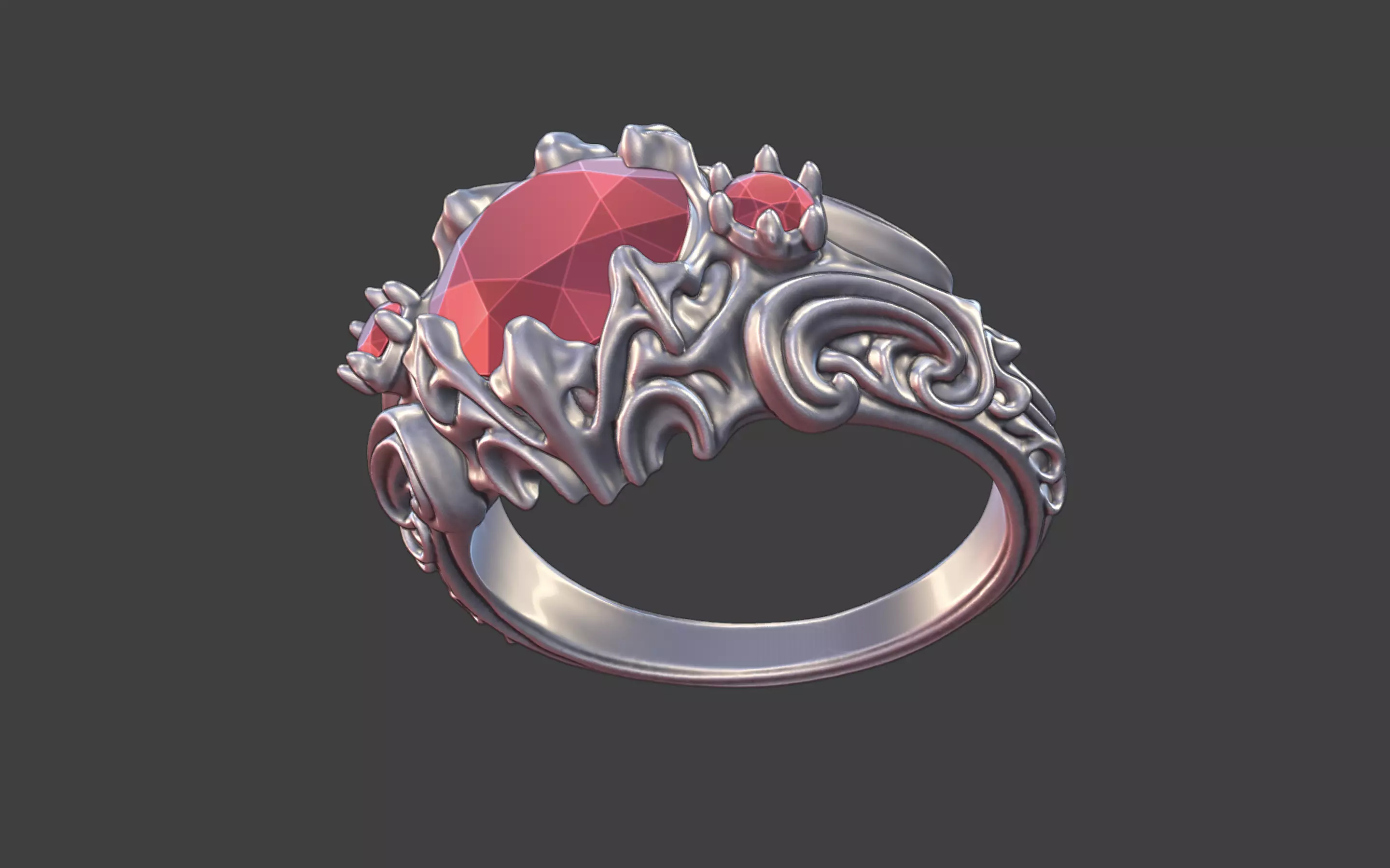 goth ornamental round gemstone ring silver engraved scrollwork 3D print model_3