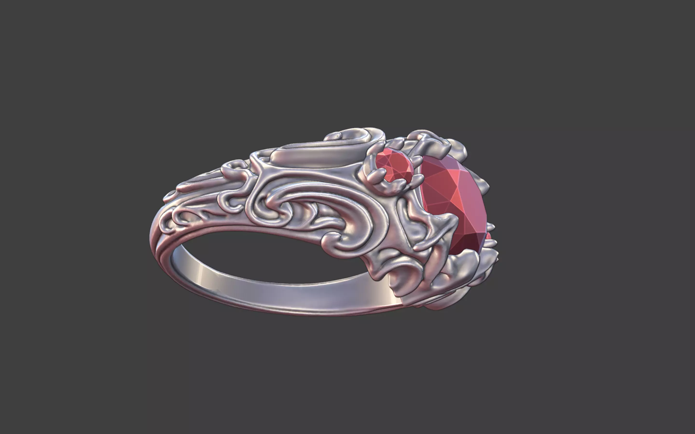 goth ornamental round gemstone ring silver engraved scrollwork 3D print model_11