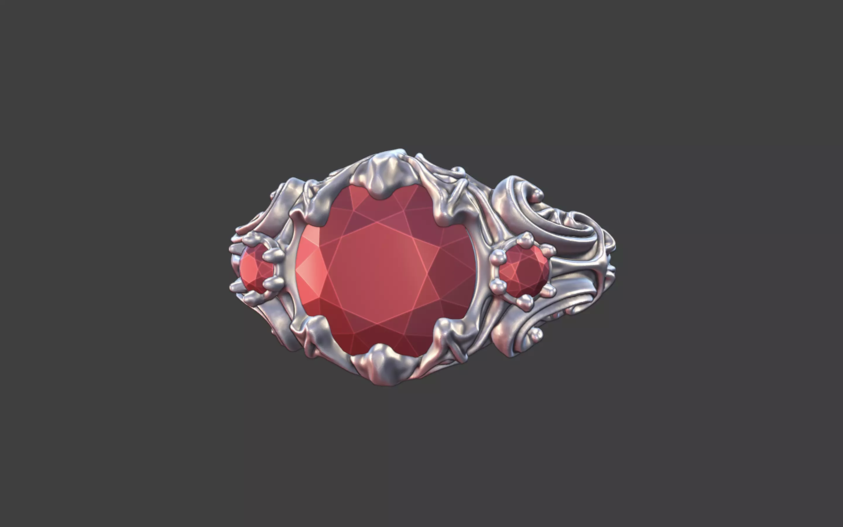 goth ornamental round gemstone ring silver engraved scrollwork 3D print model_7