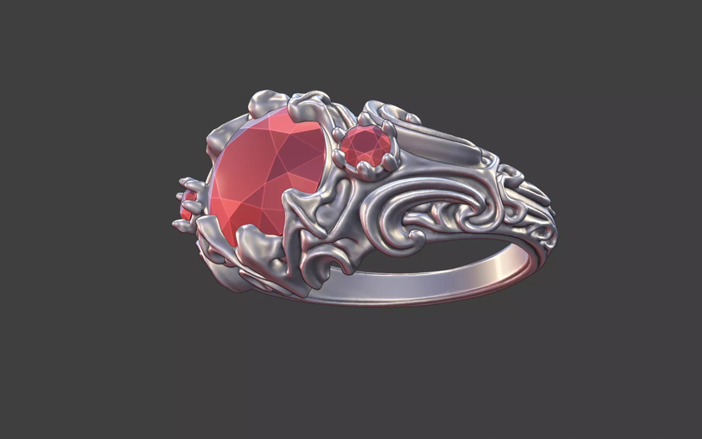 goth ornamental round gemstone ring silver engraved scrollwork 3D print model_0