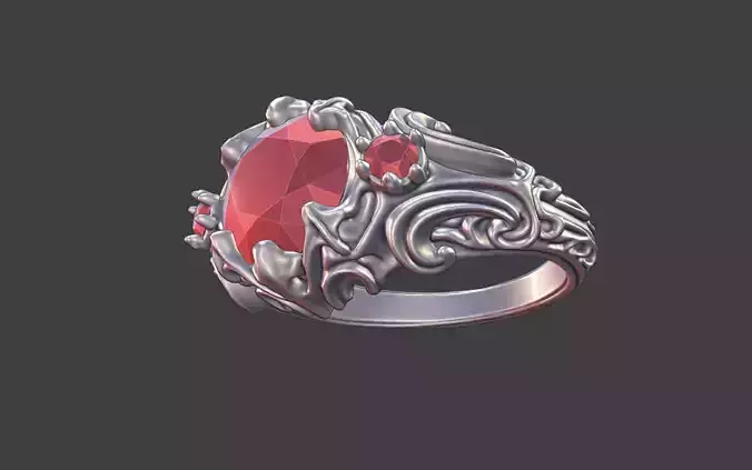 goth ornamental round gemstone ring silver engraved scrollwork