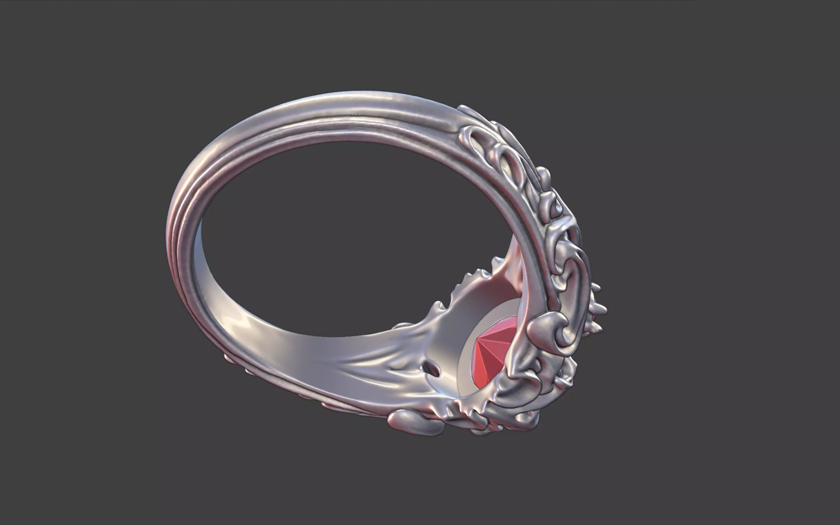 goth ornamental round gemstone ring silver engraved scrollwork 3D print model_13