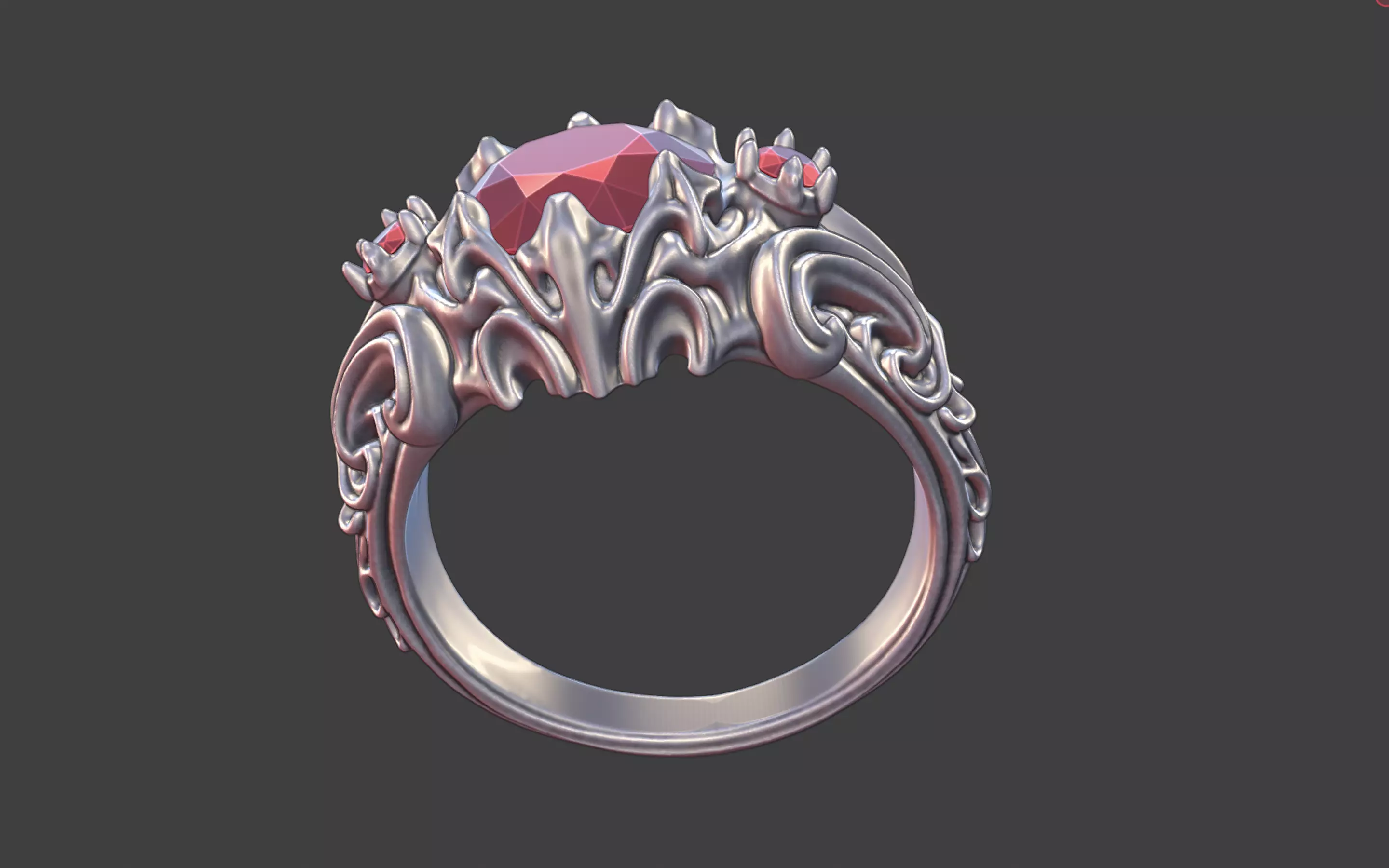 goth ornamental round gemstone ring silver engraved scrollwork 3D print model_2