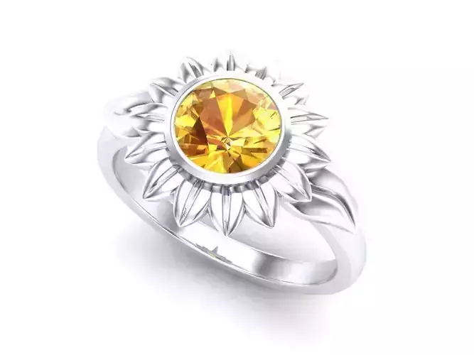 Sunflower Ring With Citrine Center Women 3DM Realistic Rendering