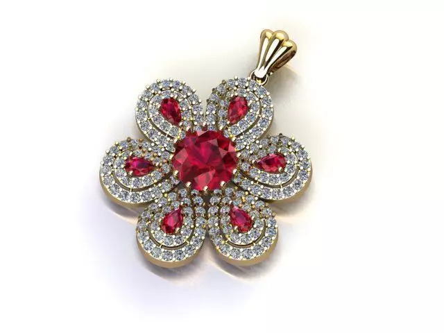 Diamond Ruby Pendant 3D Model  Floral Necklace Charm Design 3D print model_0