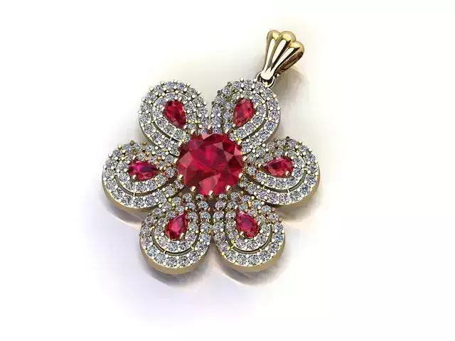 Diamond Ruby Pendant 3D Model  Floral Necklace Charm Design
