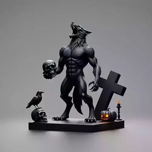 2691COLOR Werewolf Howling with Skull  3D Model Halloween