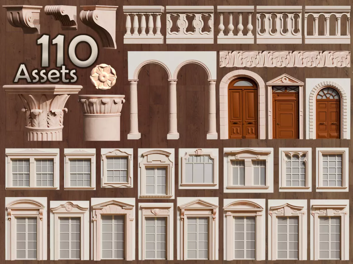 110 Neoclassical Colonial Architectural building elements  Low-poly 3D model_0