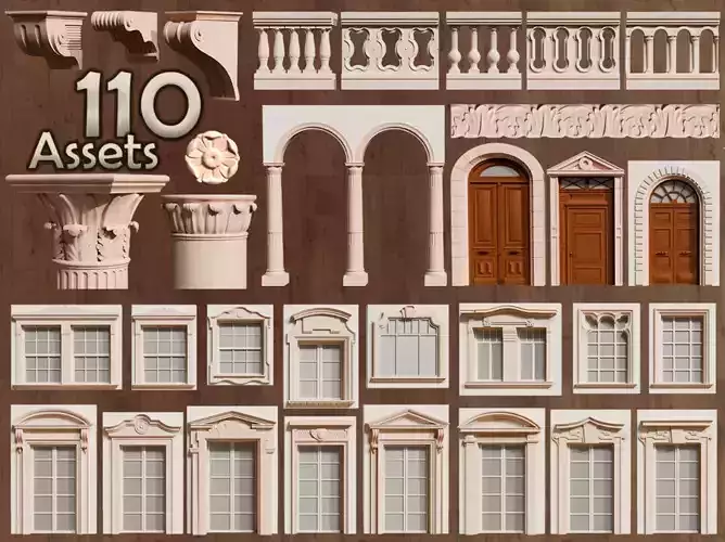110 Neoclassical Colonial Architectural building elements  Low-poly 3D model