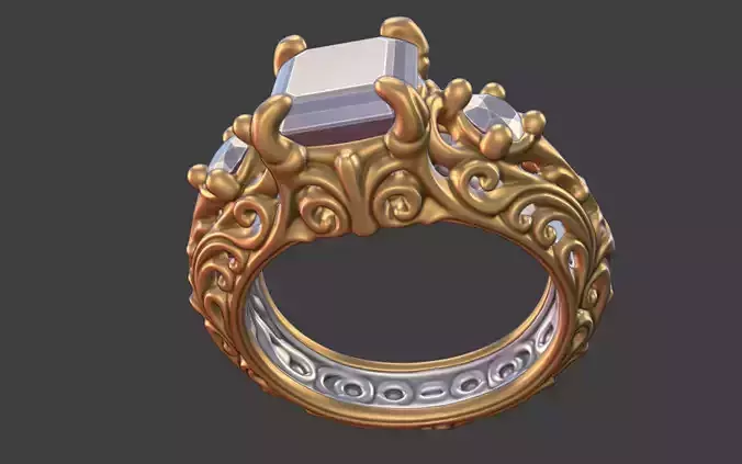 Ornate scrollwork silver and gold square faceted gemstone ring