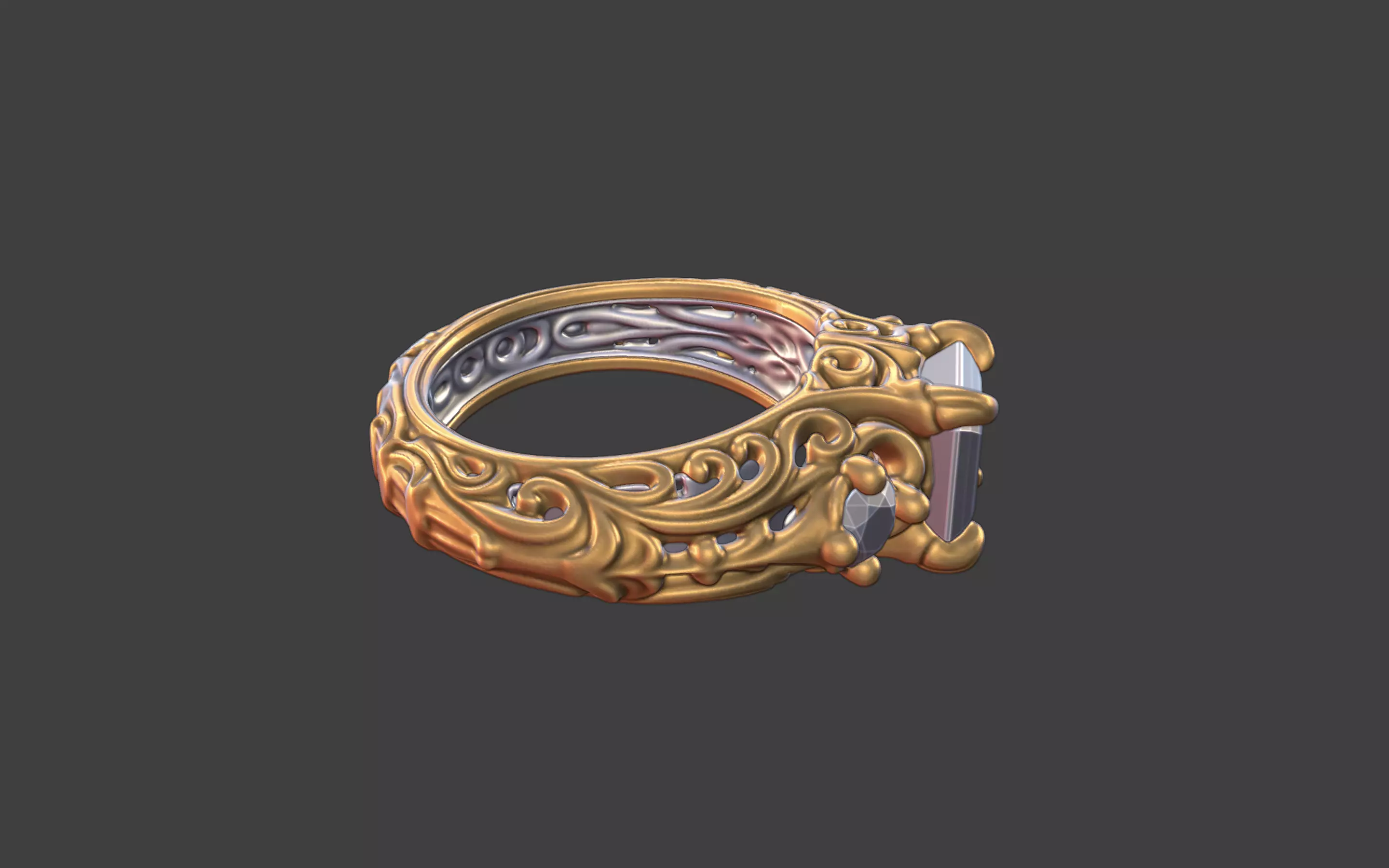 Ornate scrollwork silver and gold square faceted gemstone ring 3D print model_9