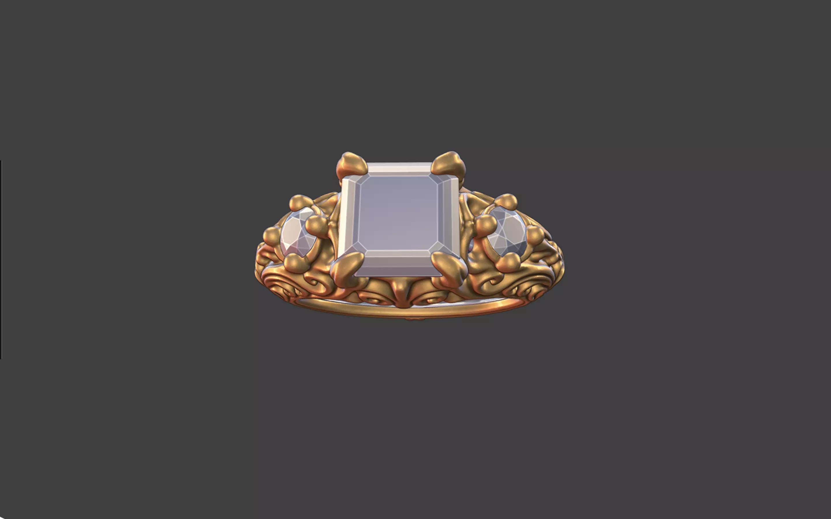 Ornate scrollwork silver and gold square faceted gemstone ring 3D print model_4