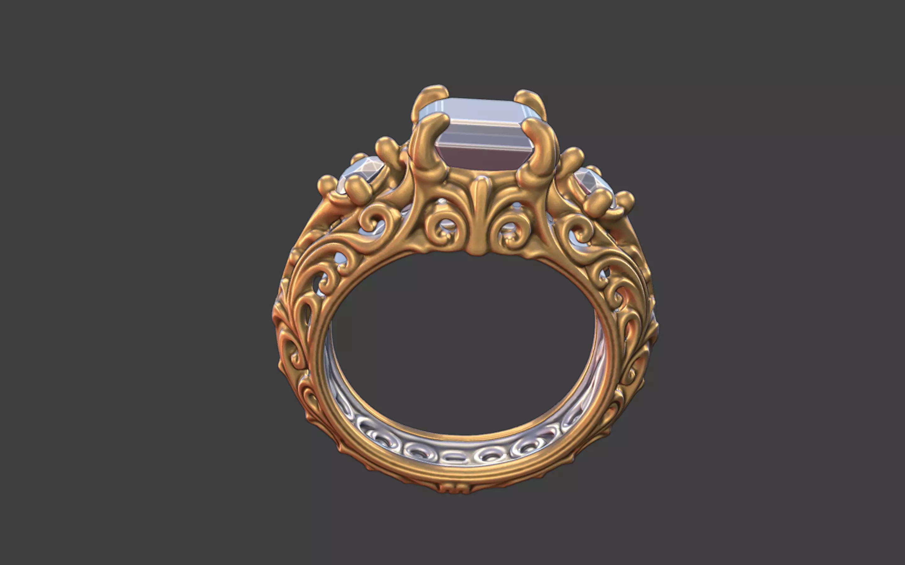 Ornate scrollwork silver and gold square faceted gemstone ring 3D print model_14