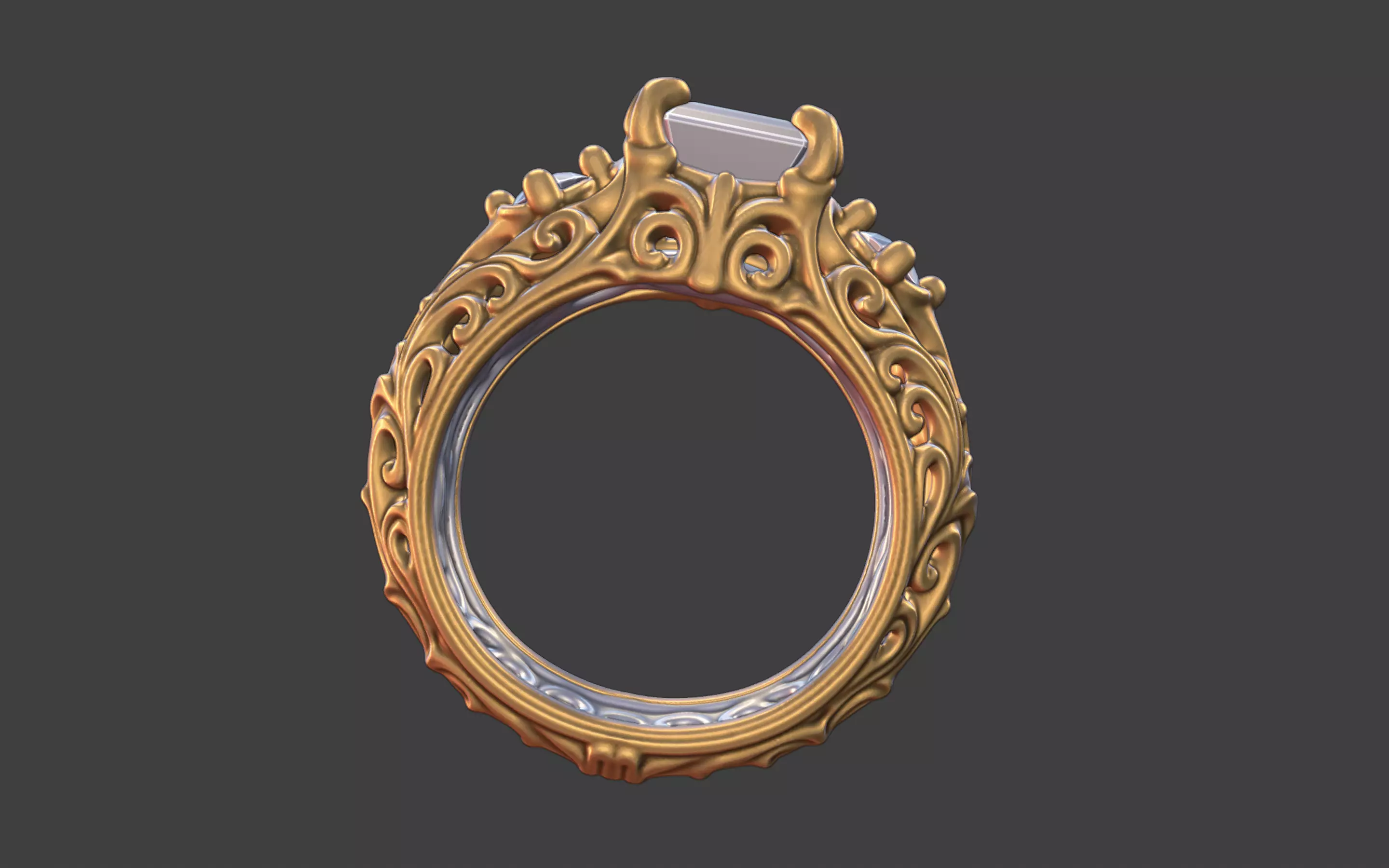 Ornate scrollwork silver and gold square faceted gemstone ring 3D print model_1