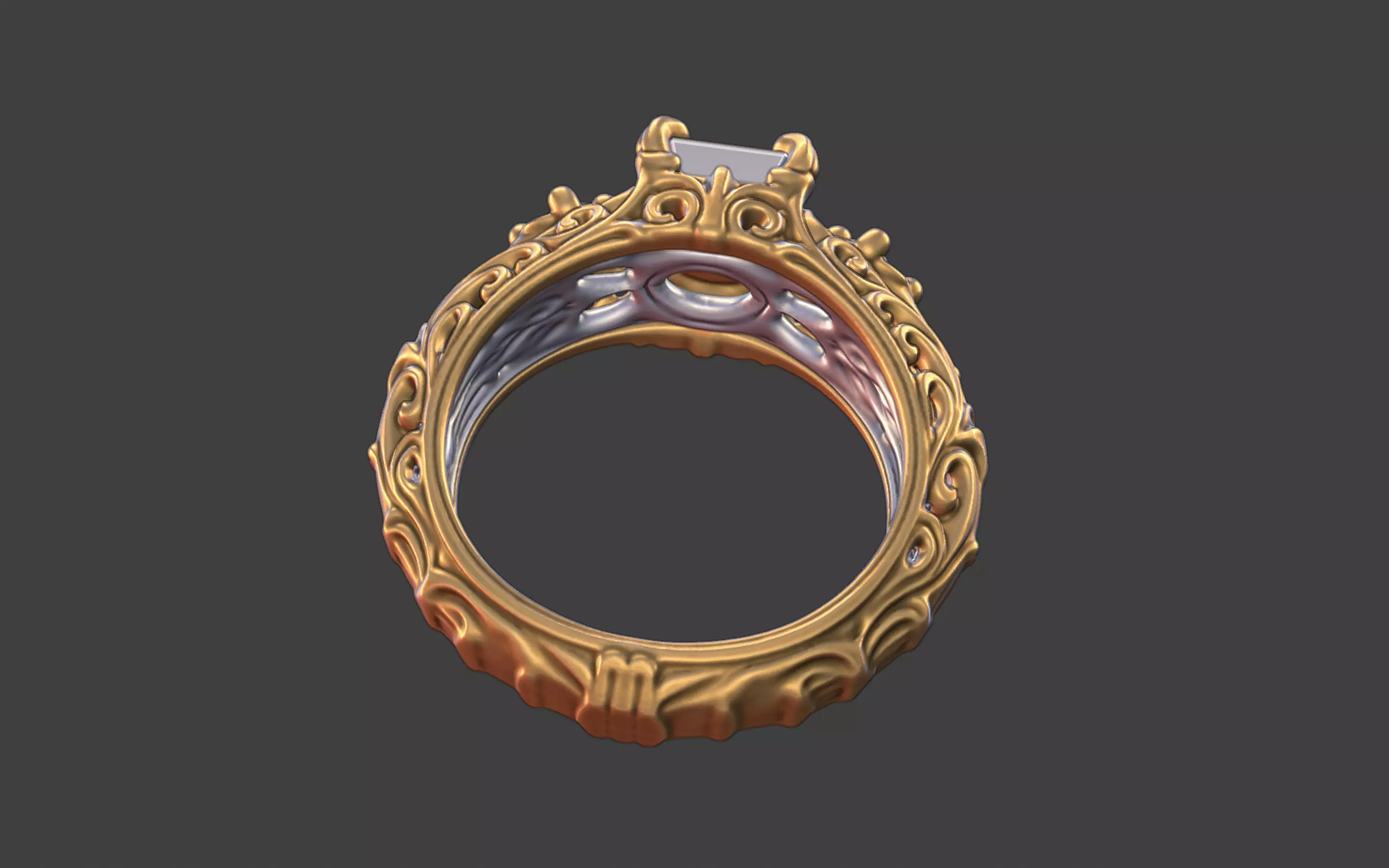 Ornate scrollwork silver and gold square faceted gemstone ring 3D print model_12