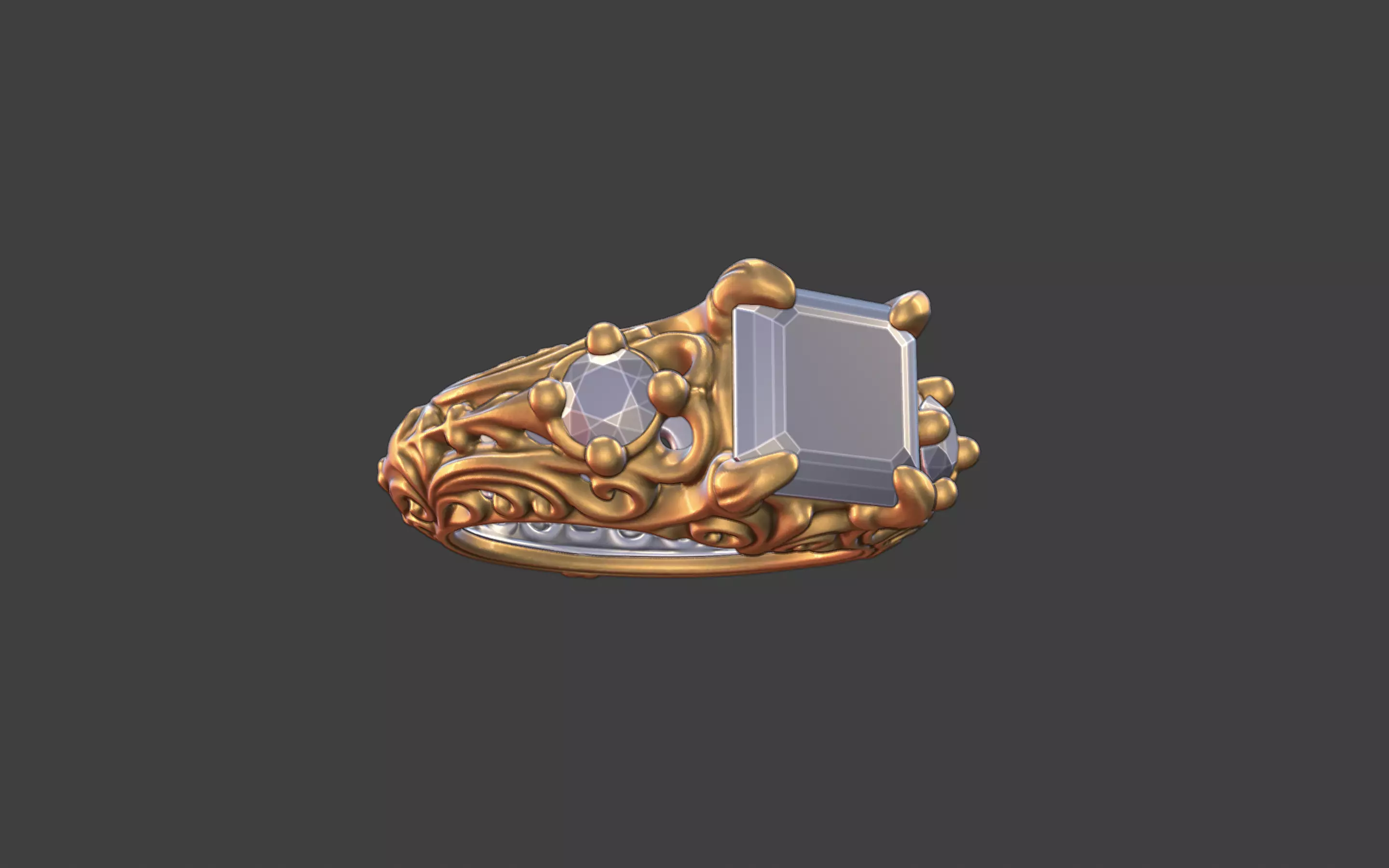 Ornate scrollwork silver and gold square faceted gemstone ring 3D print model_16
