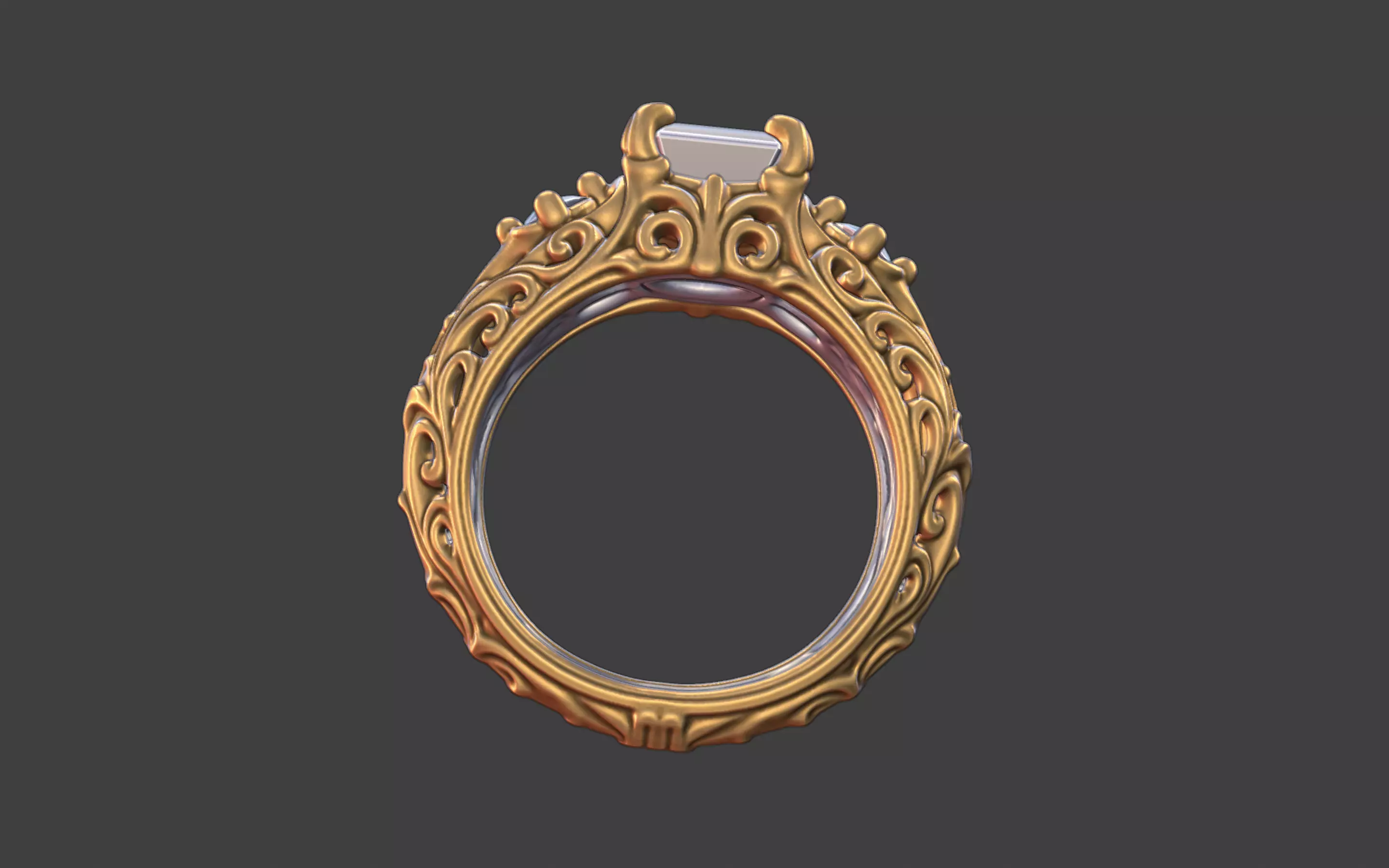 Ornate scrollwork silver and gold square faceted gemstone ring 3D print model_13