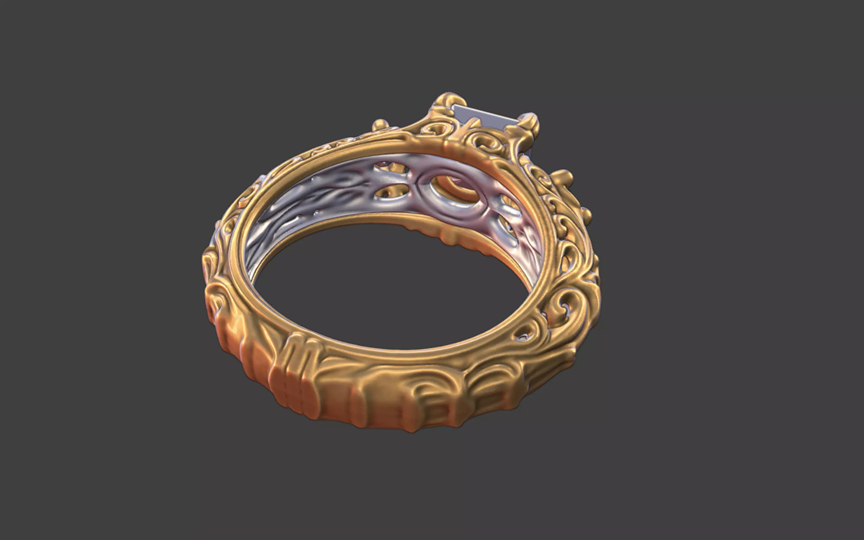 Ornate scrollwork silver and gold square faceted gemstone ring 3D print model_11