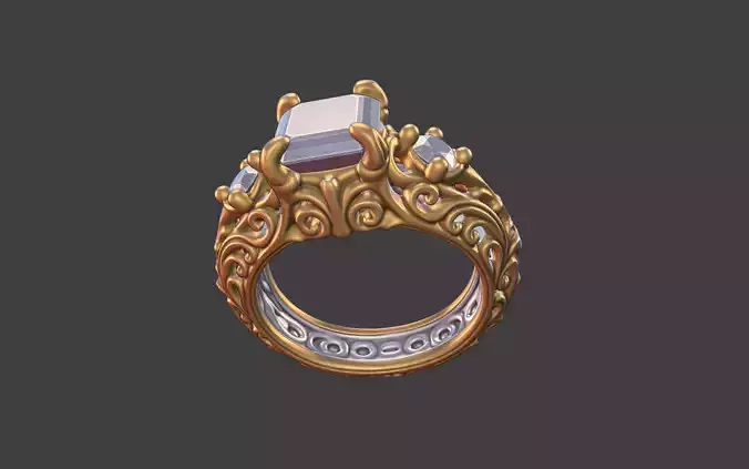 Ornate scrollwork silver and gold square faceted gemstone ring
