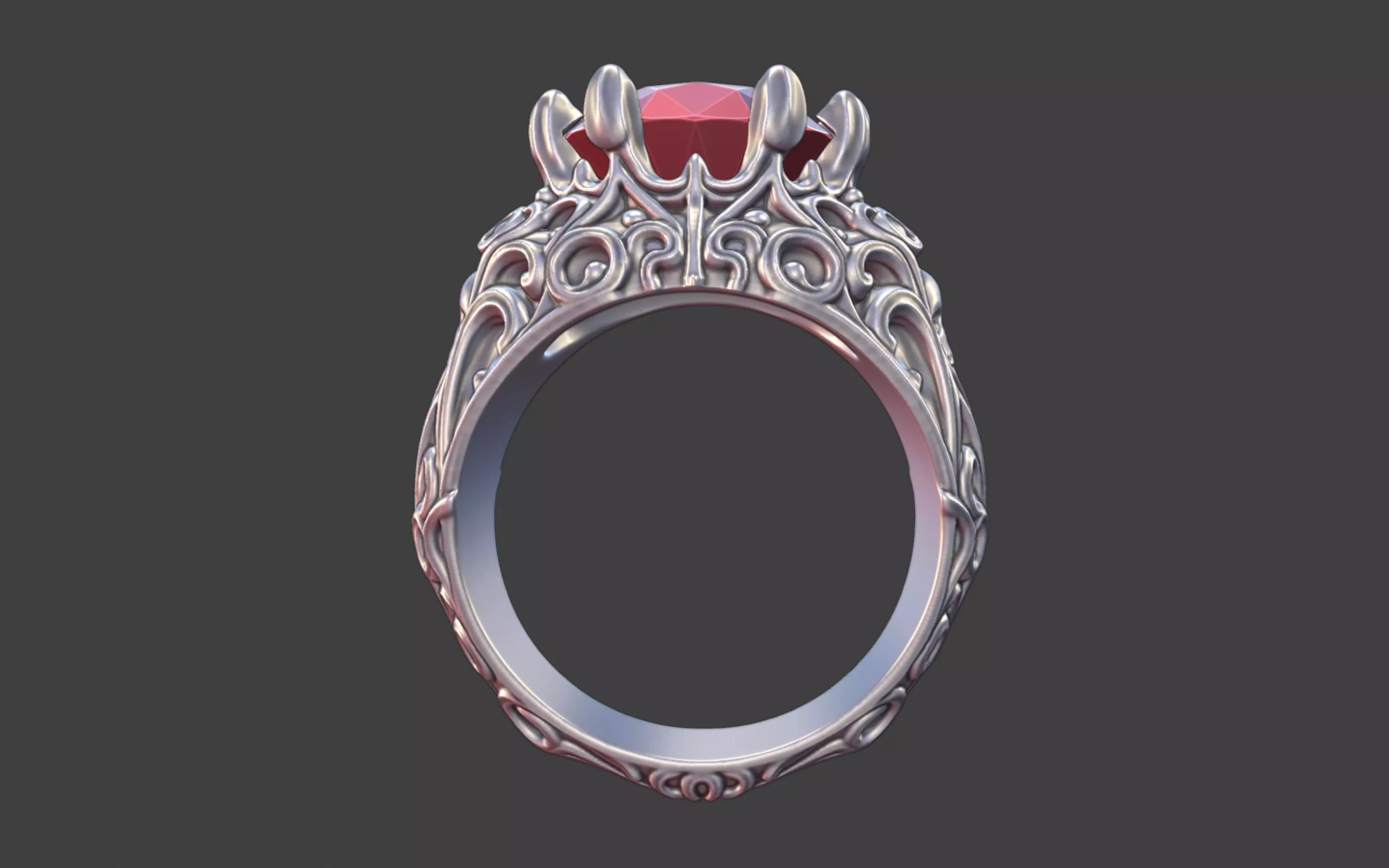 silver skull gemstone scrollwork ring 3D print model_1