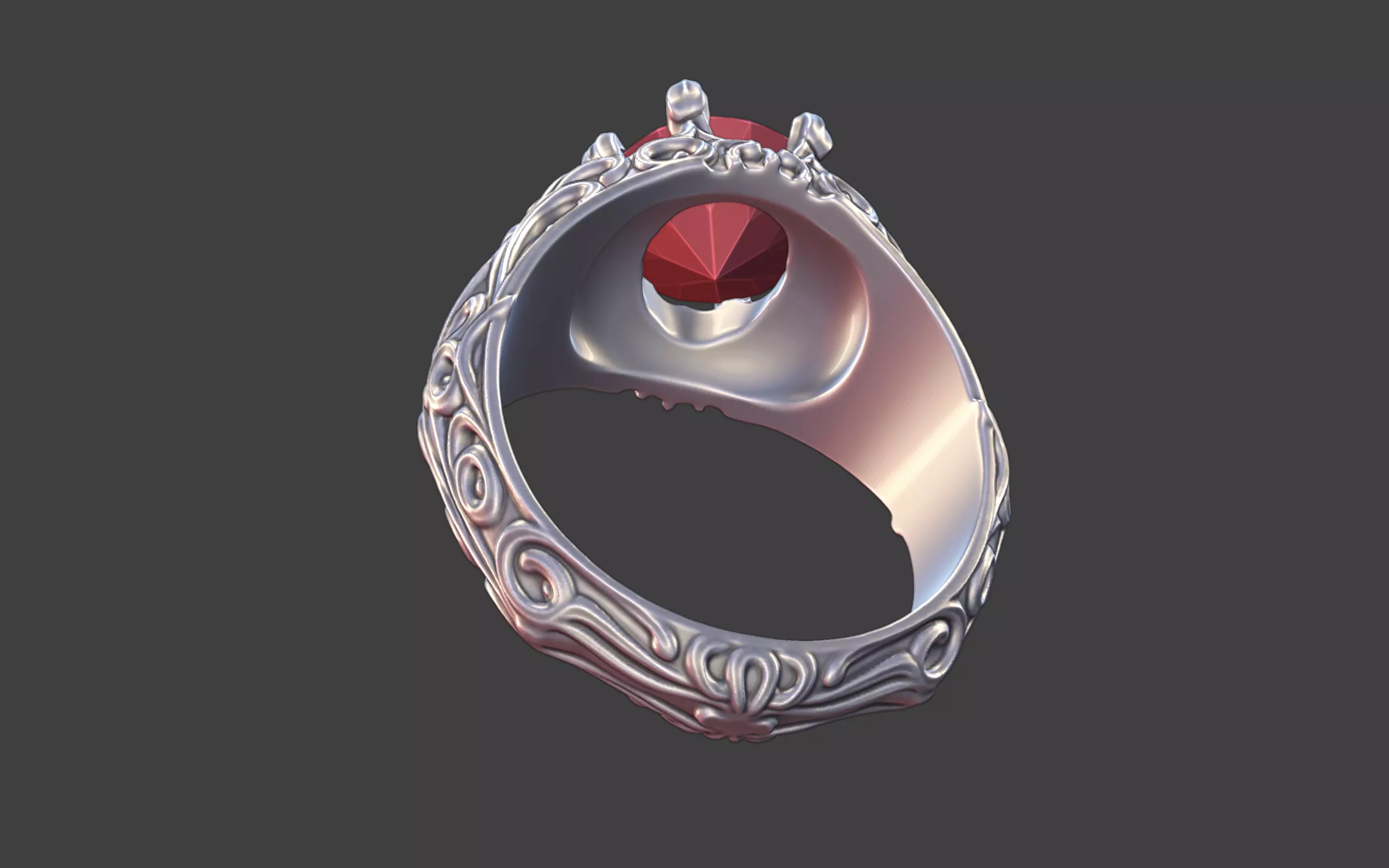 silver skull gemstone scrollwork ring 3D print model_12