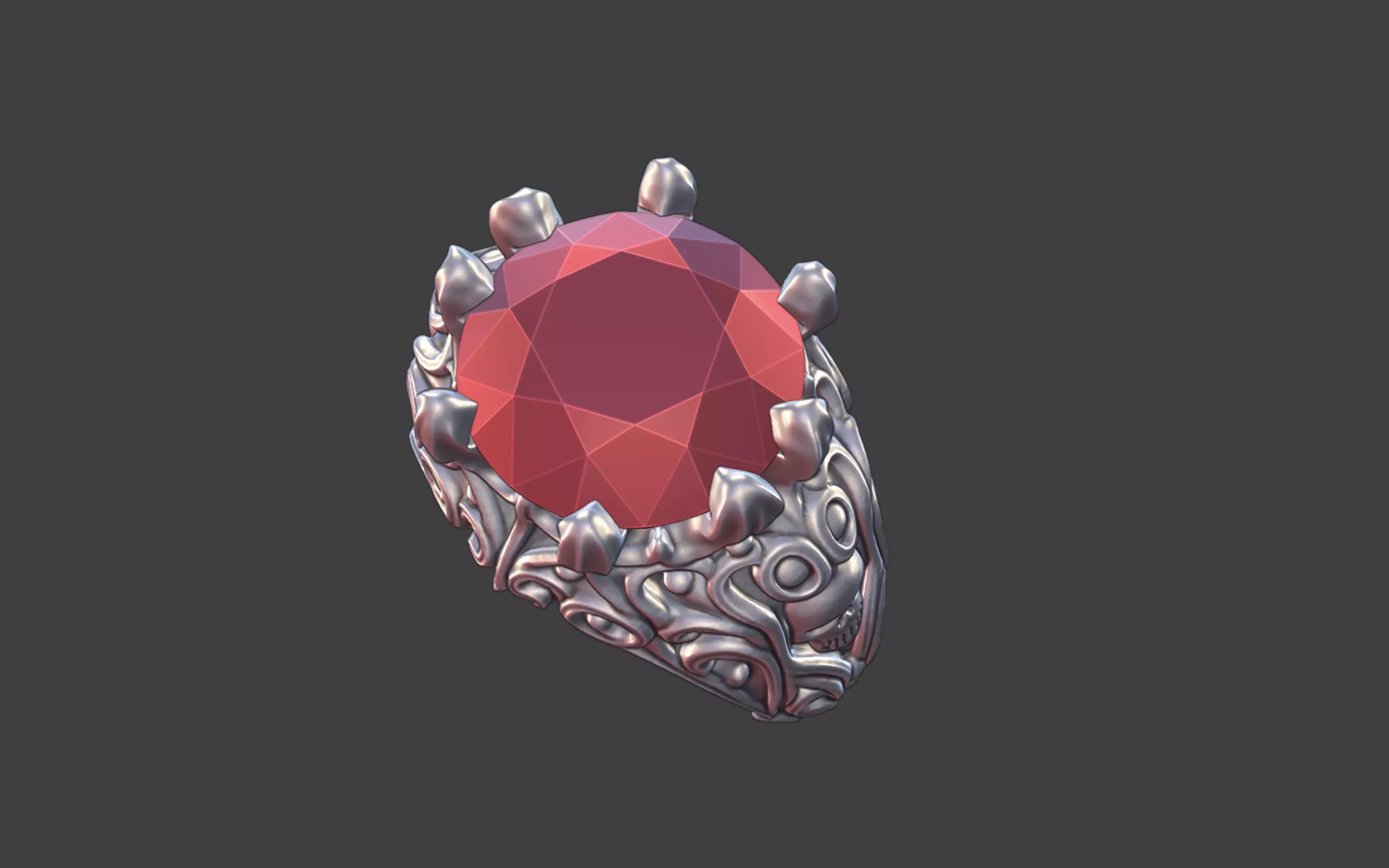 silver skull gemstone scrollwork ring 3D print model_7