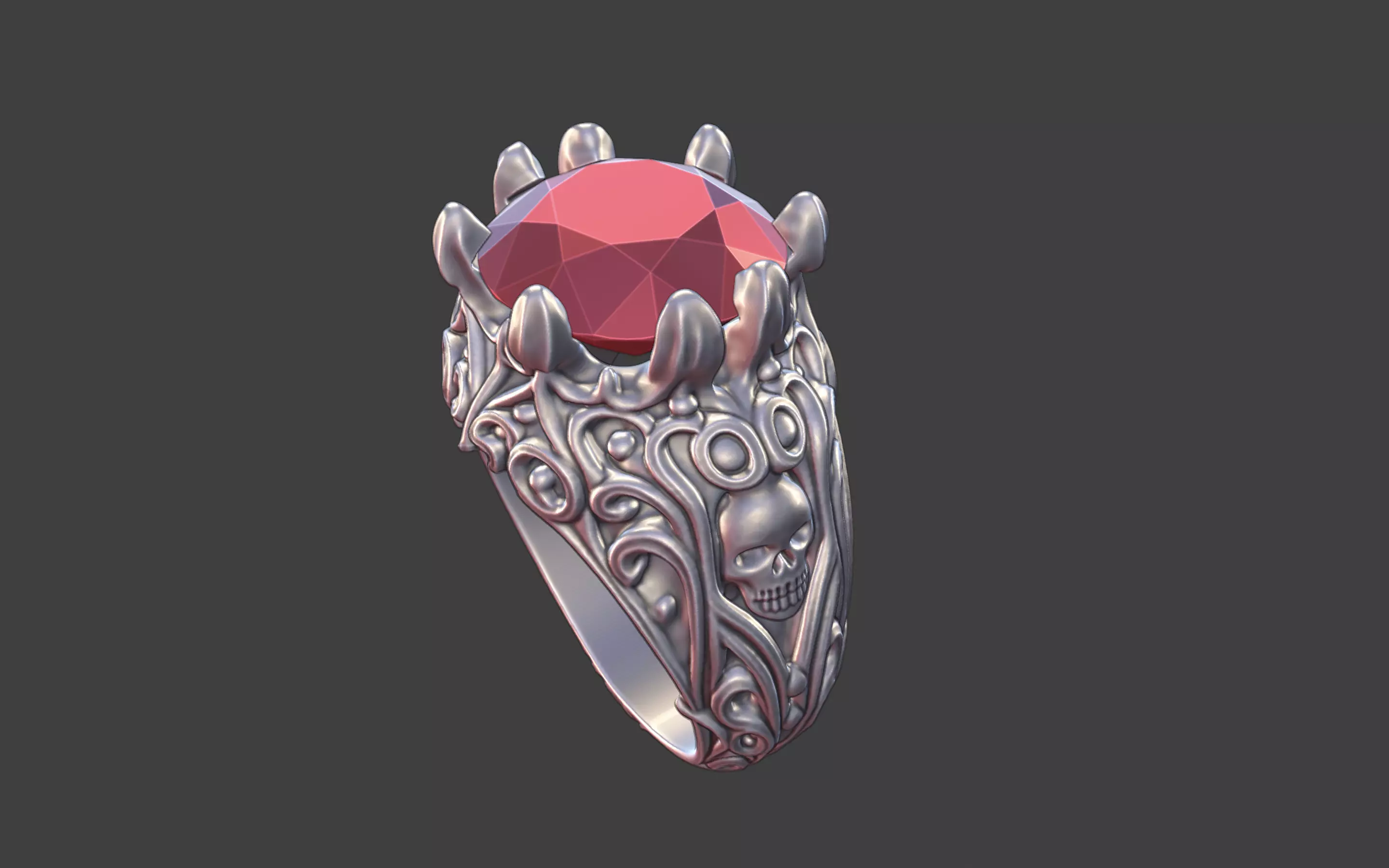 silver skull gemstone scrollwork ring 3D print model_8