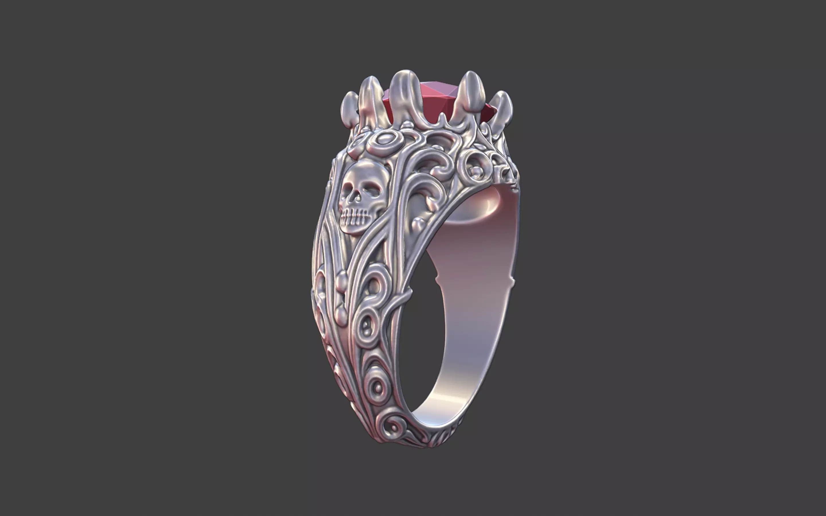 silver skull gemstone scrollwork ring 3D print model_10