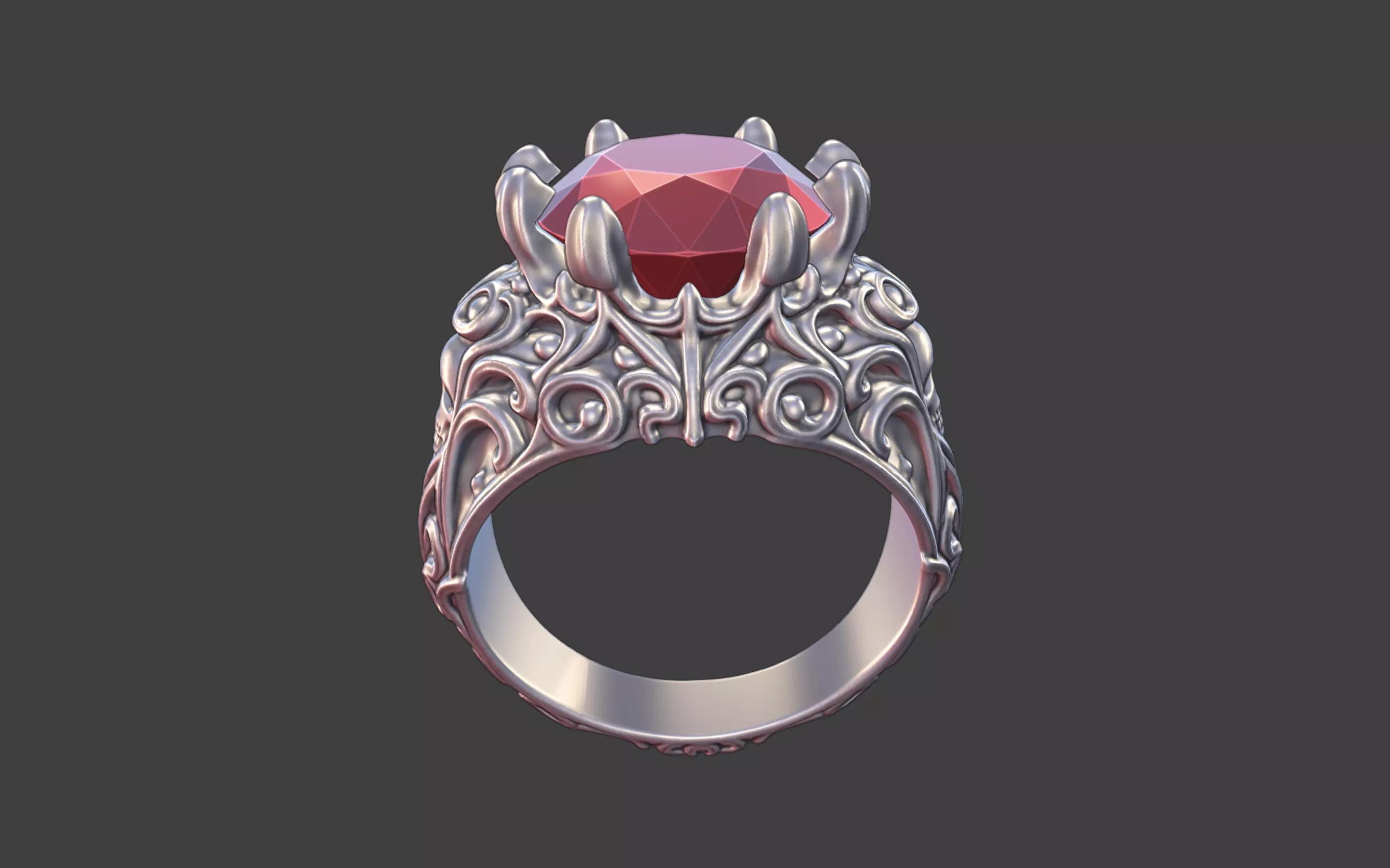 silver skull gemstone scrollwork ring 3D print model_3