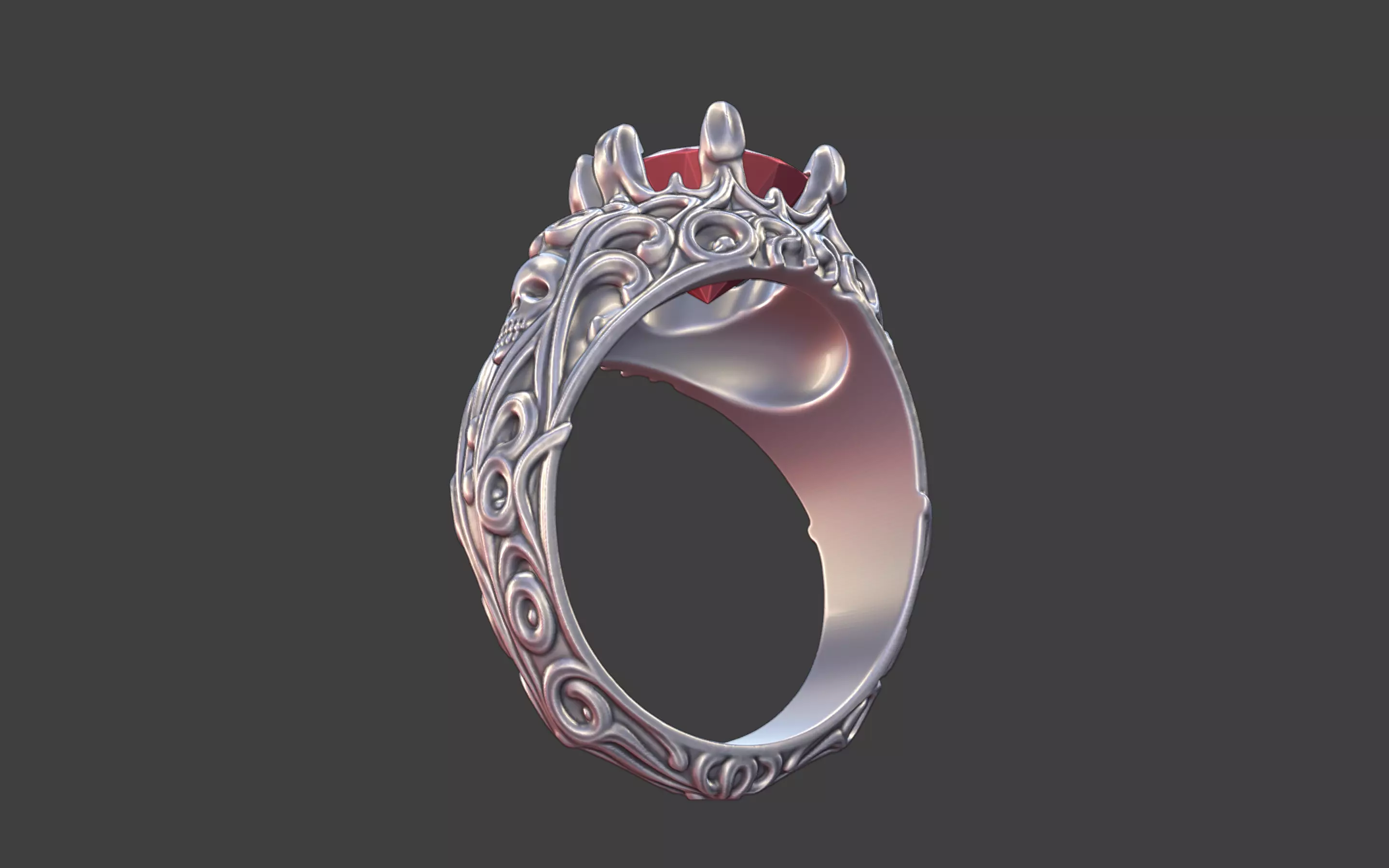 silver skull gemstone scrollwork ring 3D print model_11