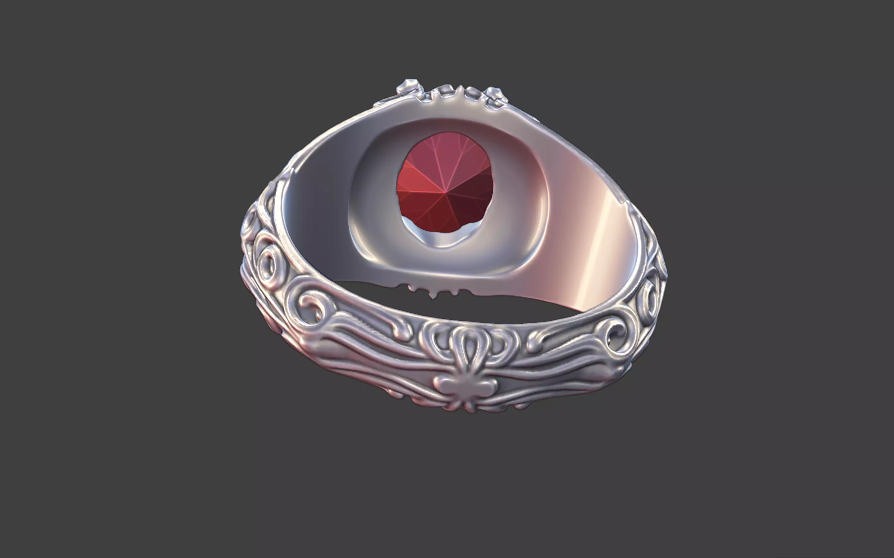 silver skull gemstone scrollwork ring 3D print model_13