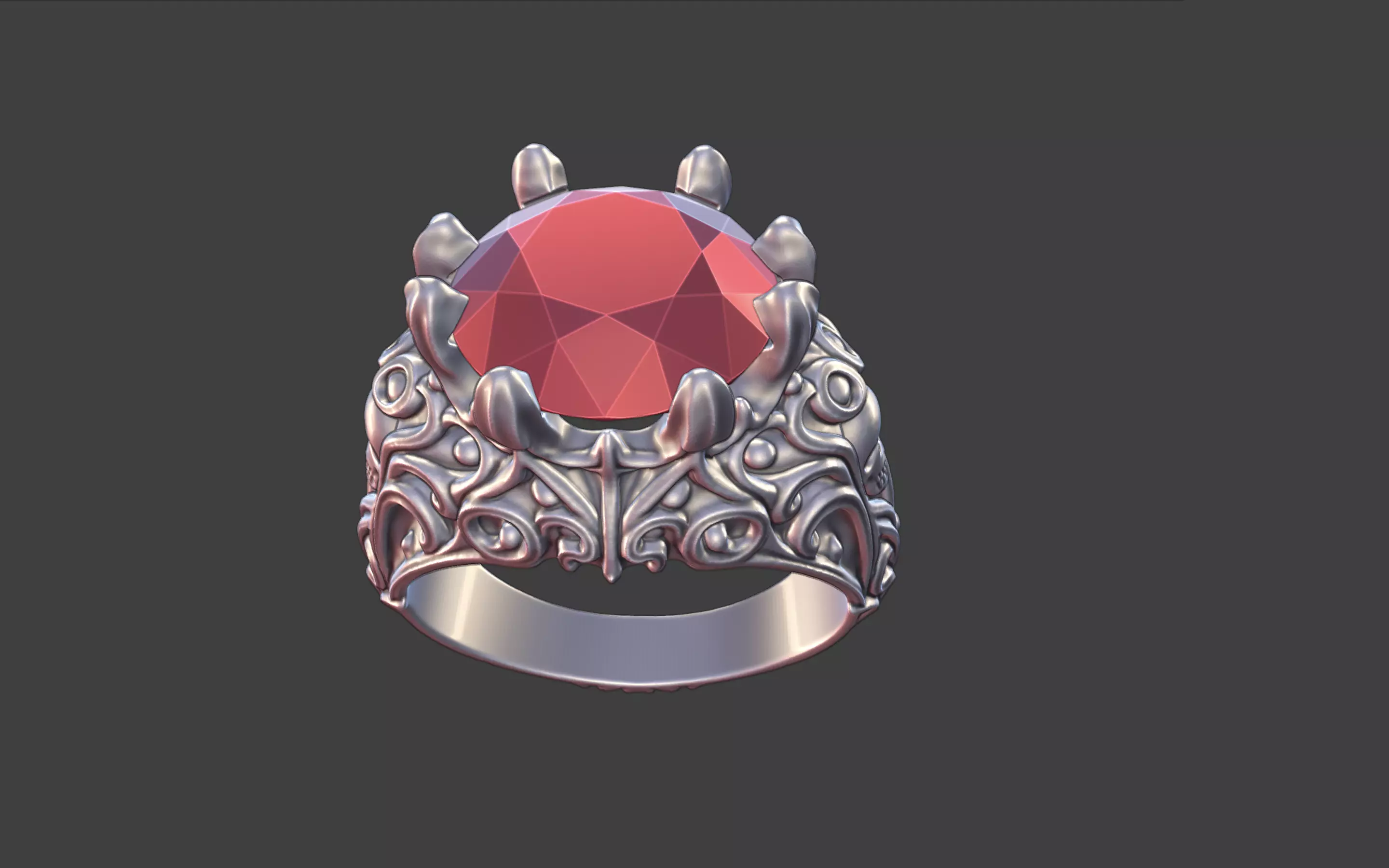 silver skull gemstone scrollwork ring 3D print model_4