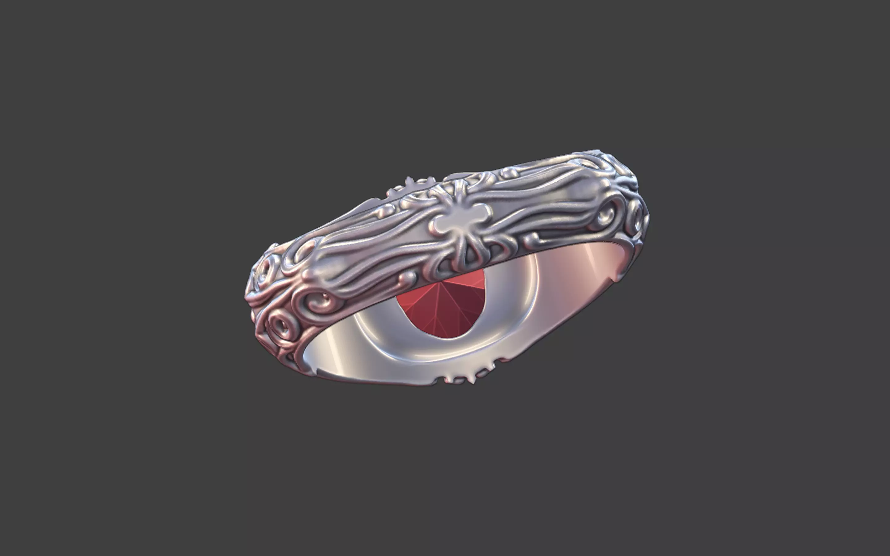 silver skull gemstone scrollwork ring 3D print model_15