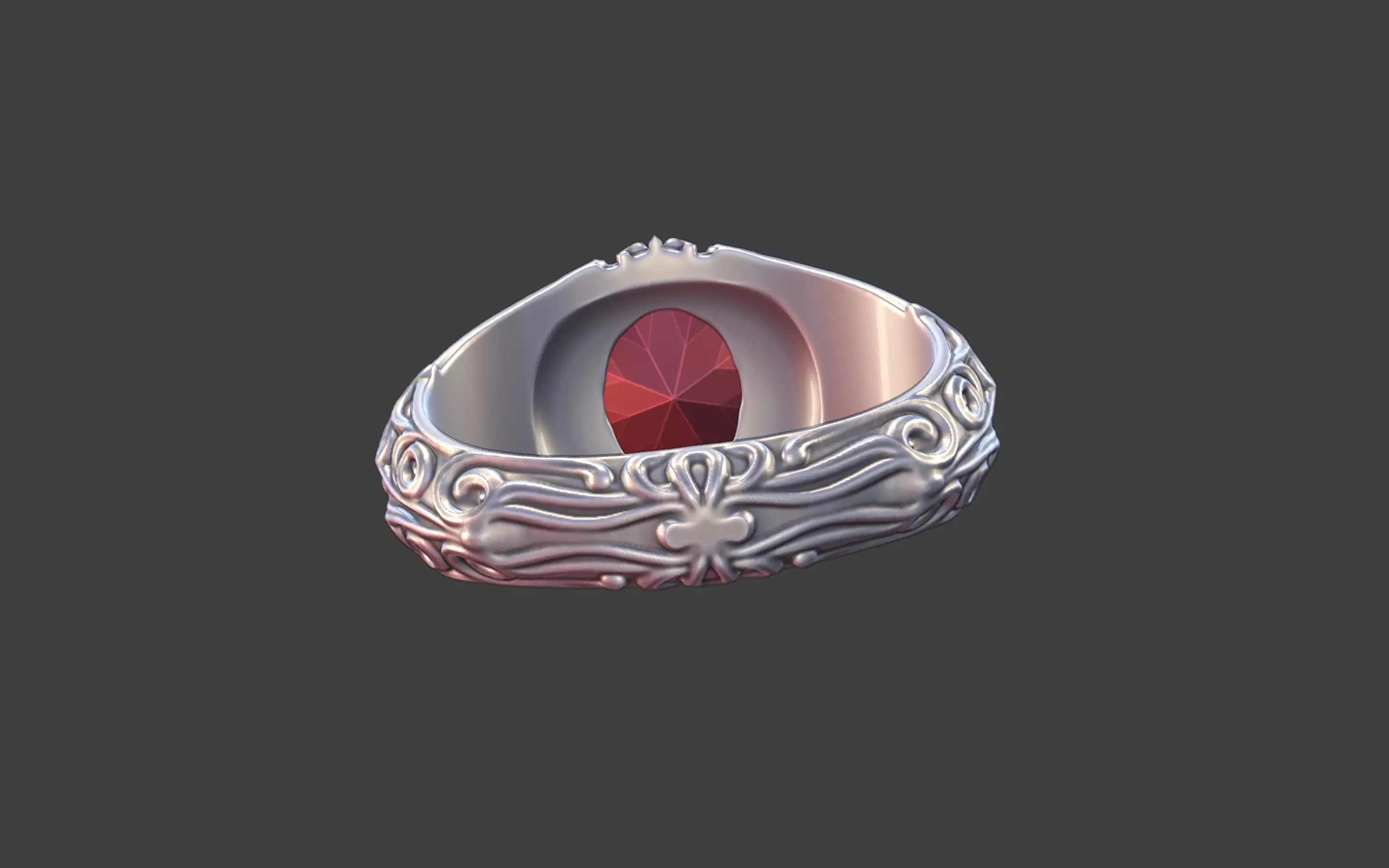 silver skull gemstone scrollwork ring 3D print model_14