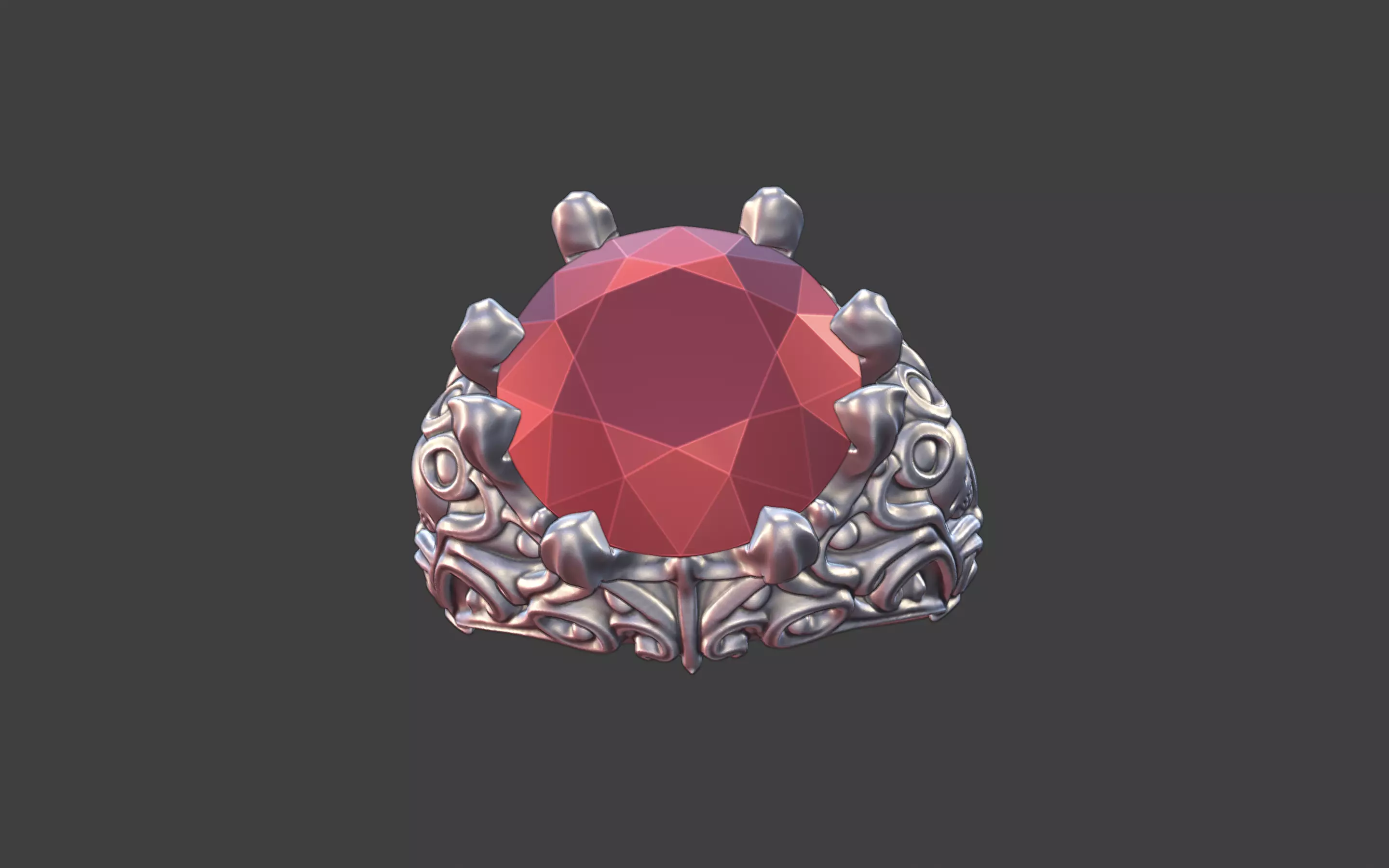 silver skull gemstone scrollwork ring 3D print model_5