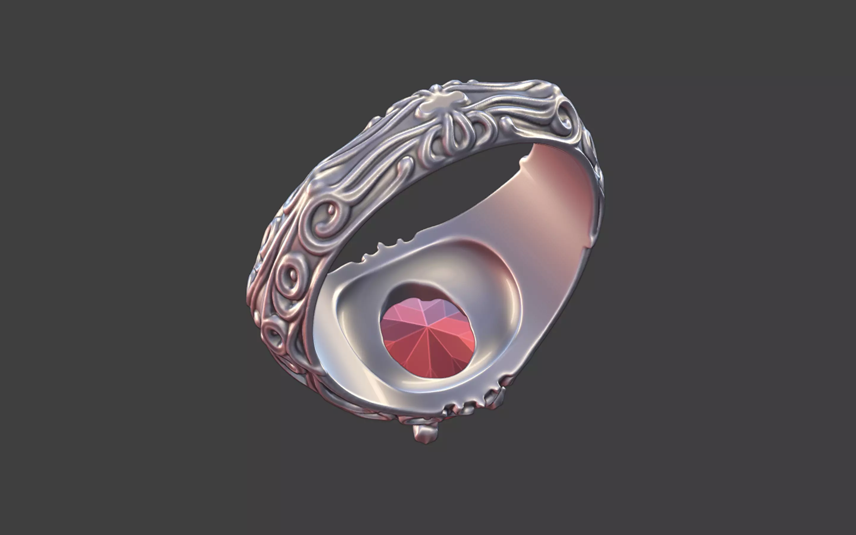 silver skull gemstone scrollwork ring 3D print model_16