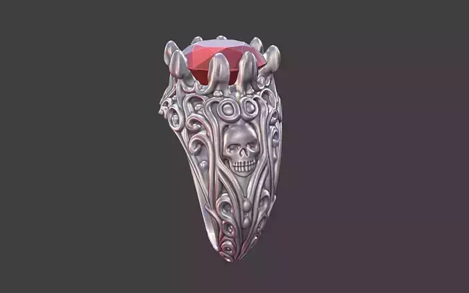 silver skull gemstone scrollwork ring