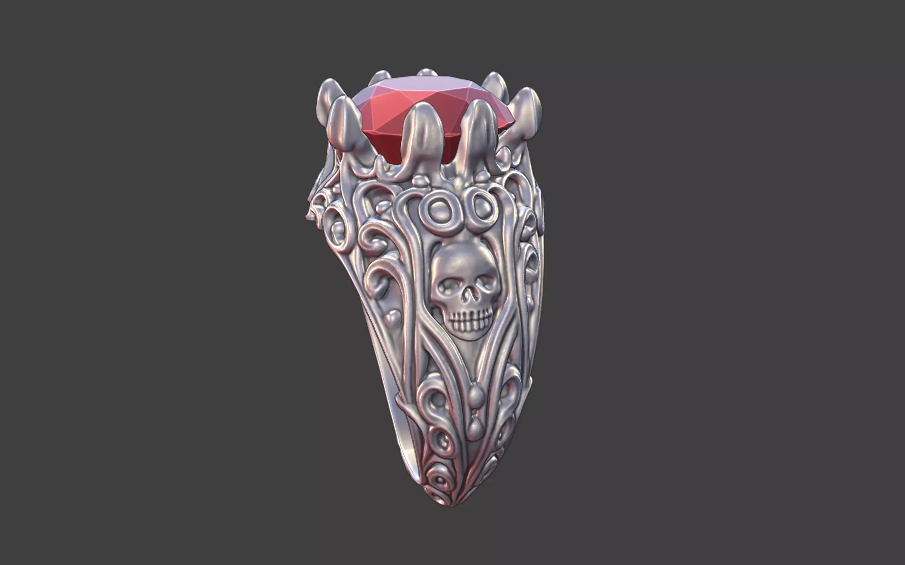 silver skull gemstone scrollwork ring 3D print model_0