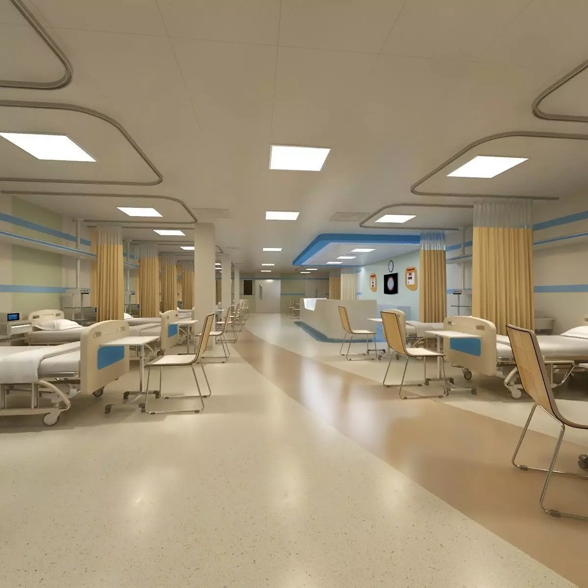 Hospital Wardroom with Monitoring Units and Nurses Station 3D model_0
