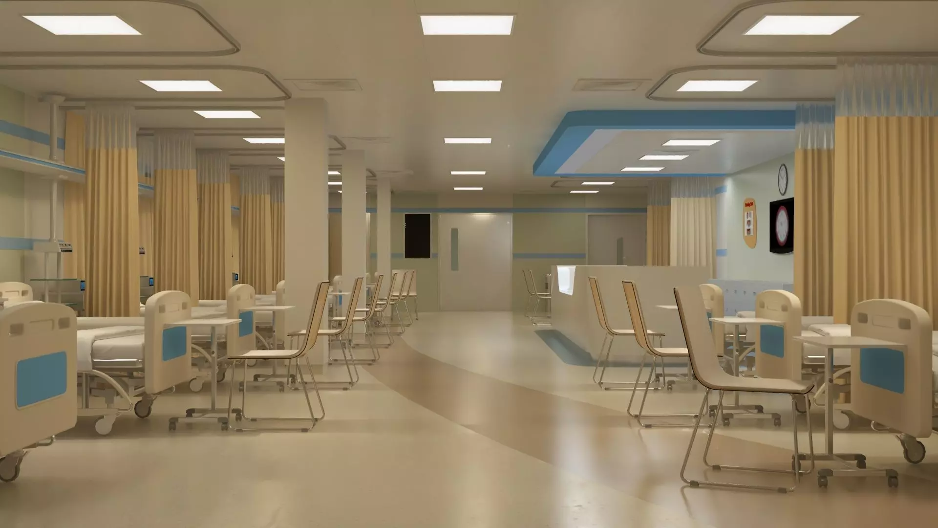 Hospital Wardroom with Monitoring Units and Nurses Station 3D model_1