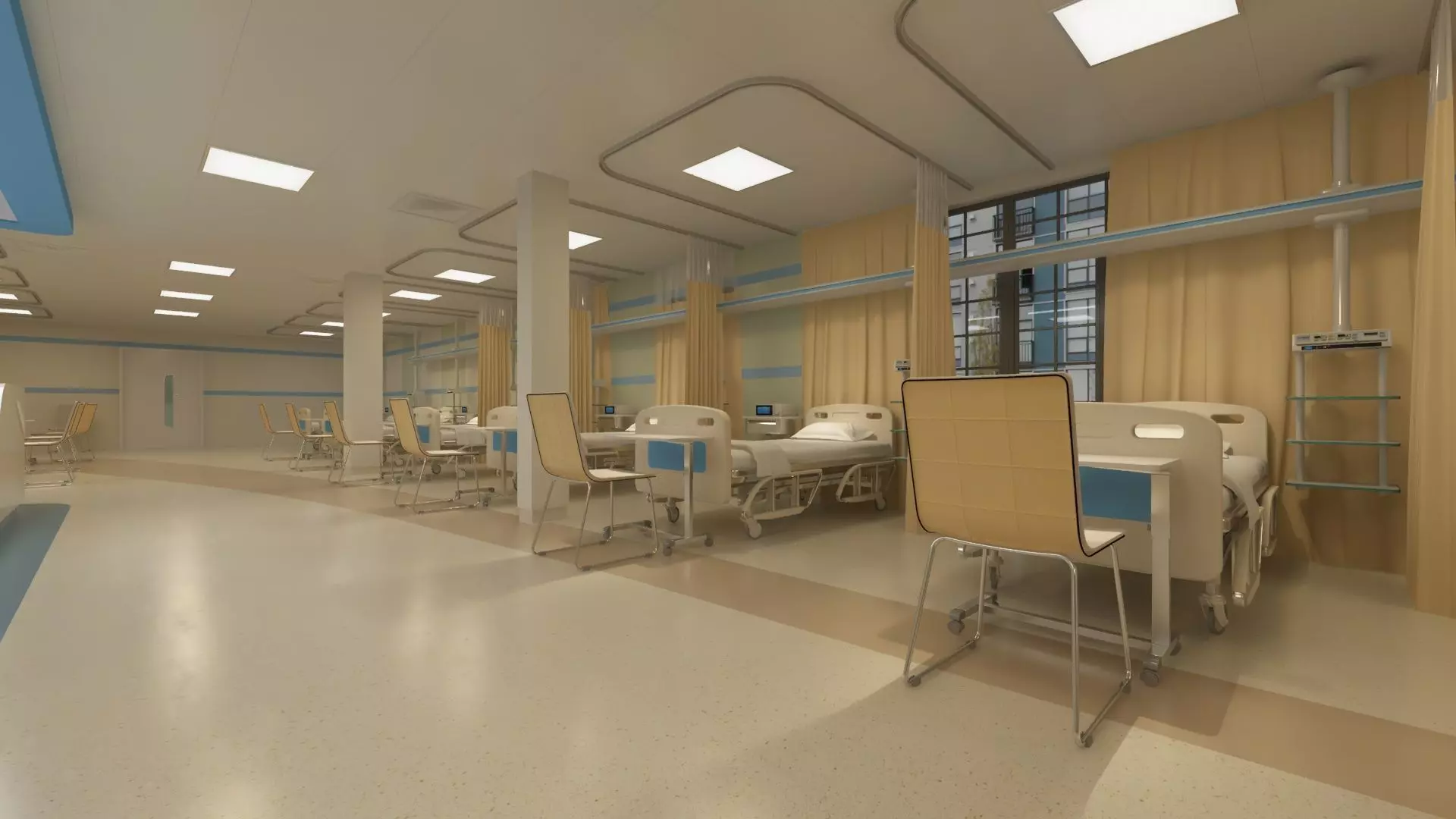 Hospital Wardroom with Monitoring Units and Nurses Station 3D model_2