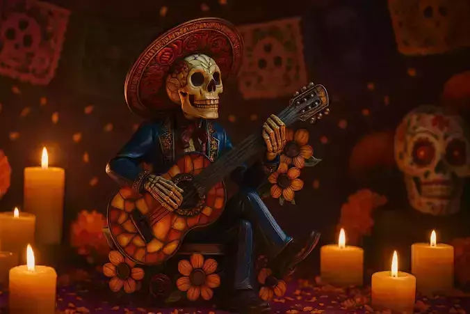 Skeleton Mariachi Guitarist Figurine Day of the Dead