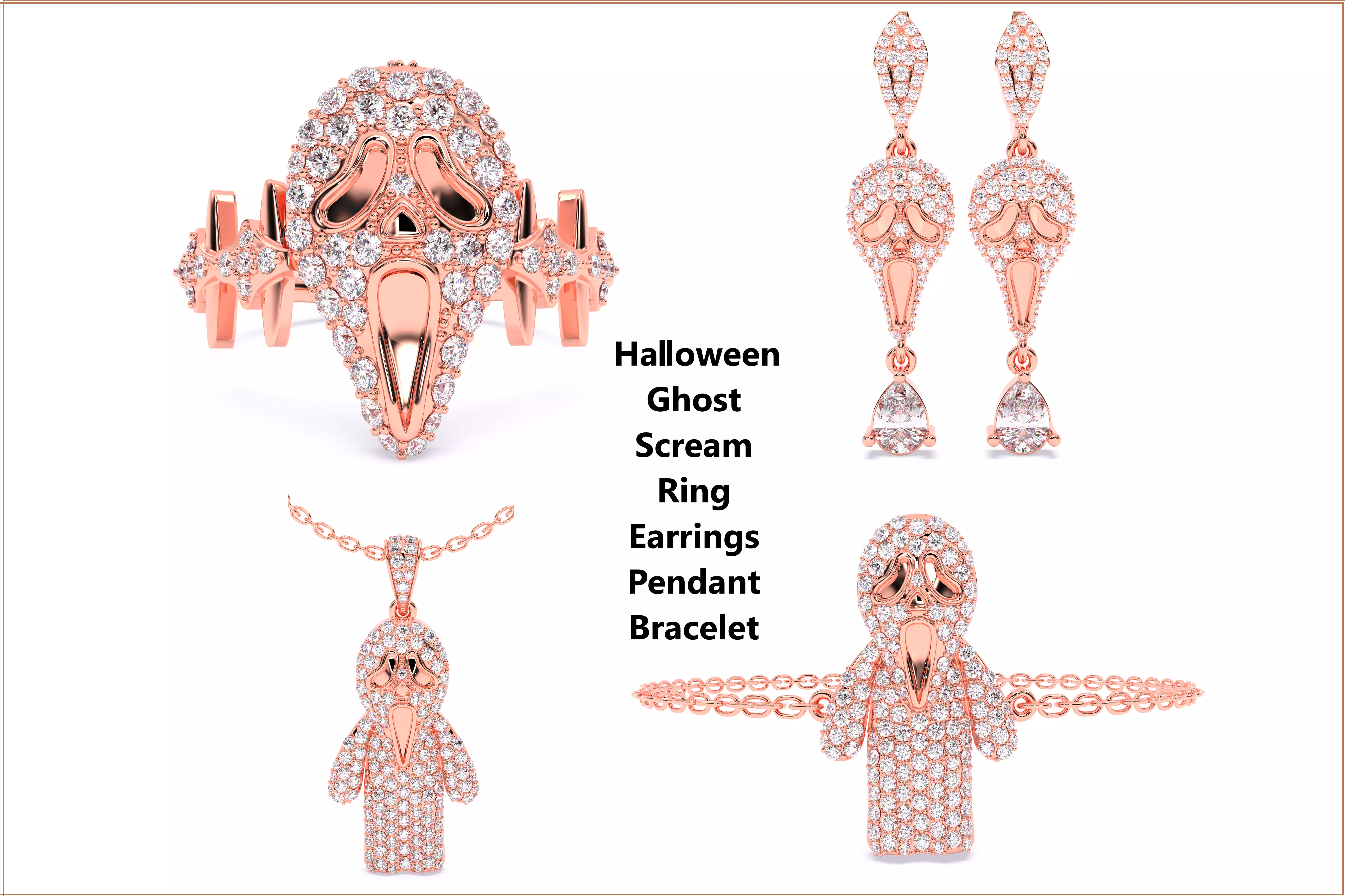 Halloween Ghost Scream Ring Earrings Pendant Bracelet Set 3D Model Collection_0