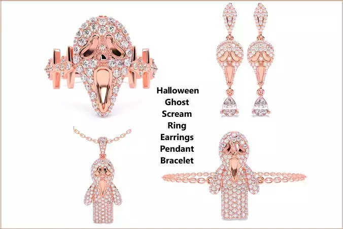 Halloween Ghost Scream Ring Earrings Pendant Bracelet Set 3D Model Collection Halloween Ghost Scream Ring Earrings Pendant Bracelet Set 3D Model Collection