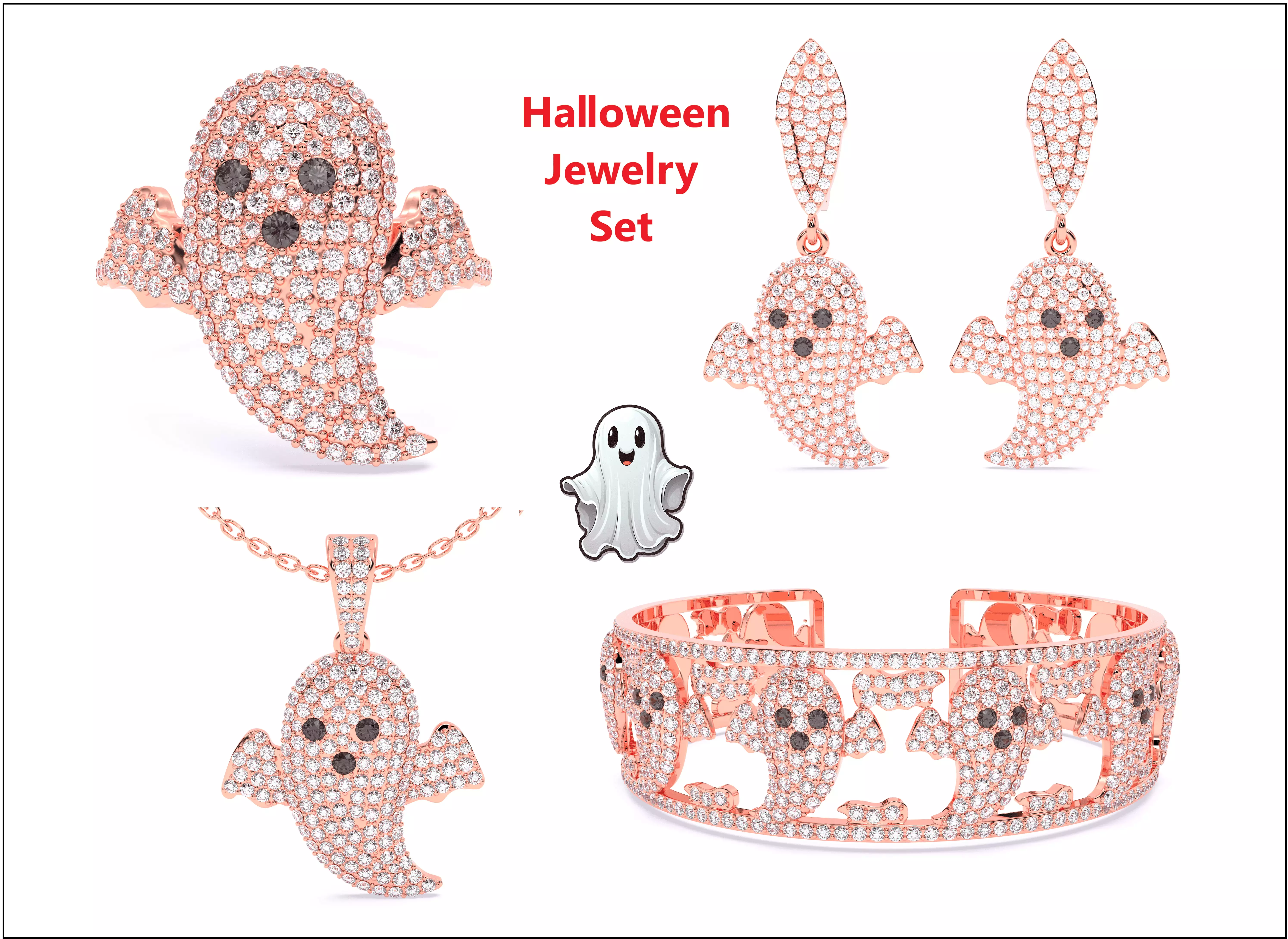 Halloween Ghost Spooky Ring Earrings Pendant Bracelet Set 3D Model Collection_0