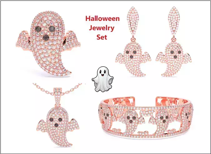 Halloween Ghost Spooky Ring Earrings Pendant Bracelet Set 3D Model Collection