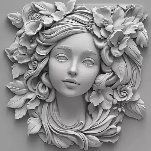 Art Woman Face Floral Relief