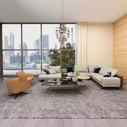 Living Room Set with Glass Tableware and Outdoor Tree